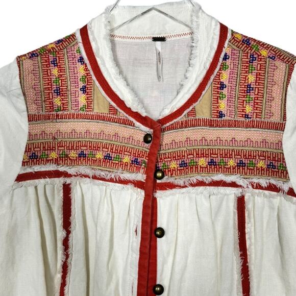 Free People Embroidered Linen Blend Jacket XS White Red Boho Festival Beach - Picture 2 of 7